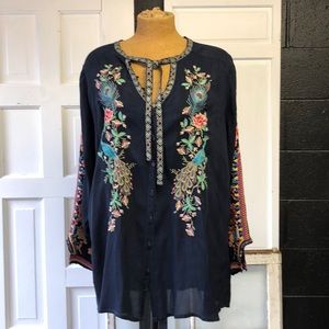 Johnny Was Cupra Rayon Button Up Top Navy Blue Lg